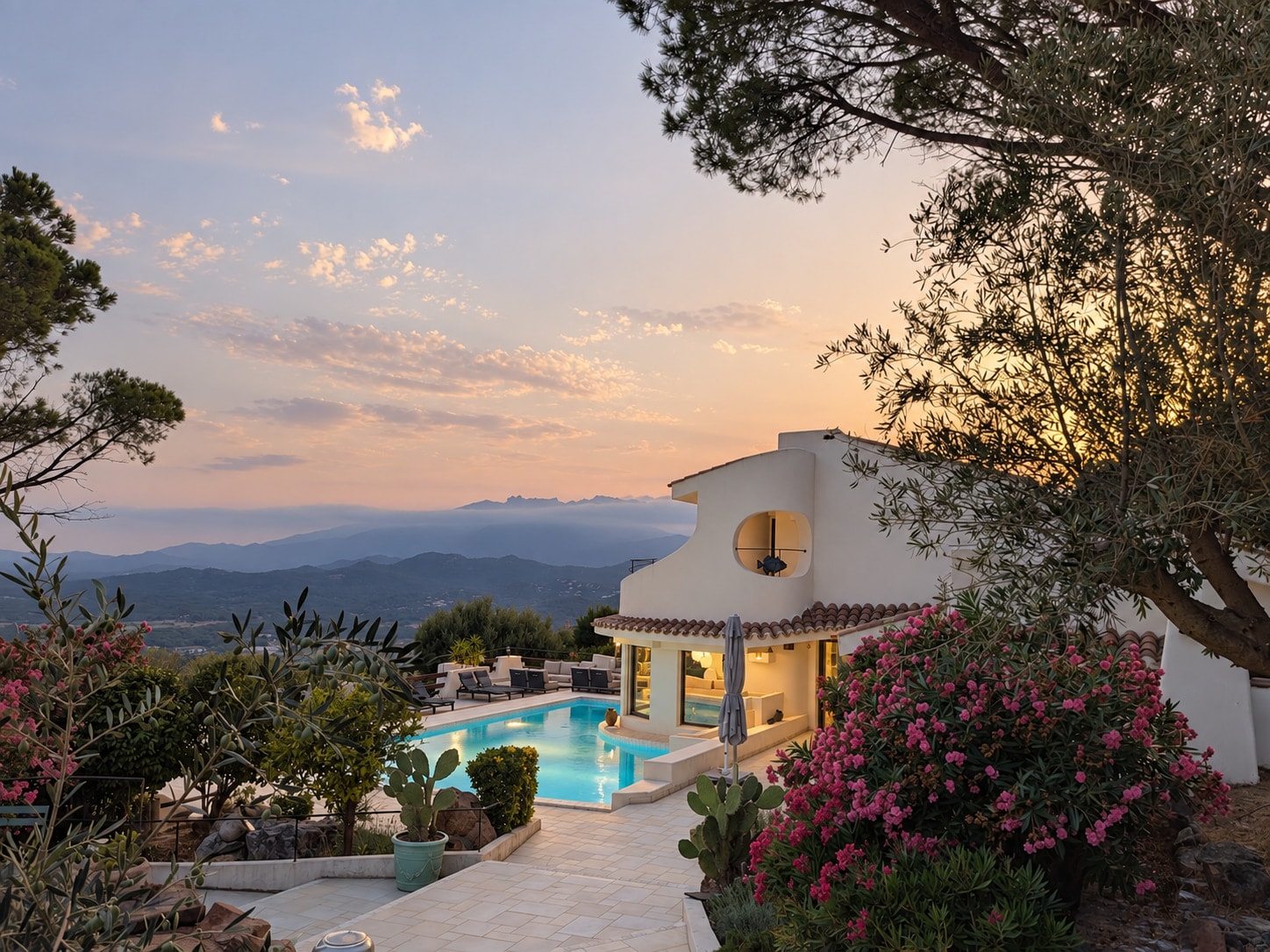La villa et sa piscine au crépuscule, face au golfe de Porto-Vecchio